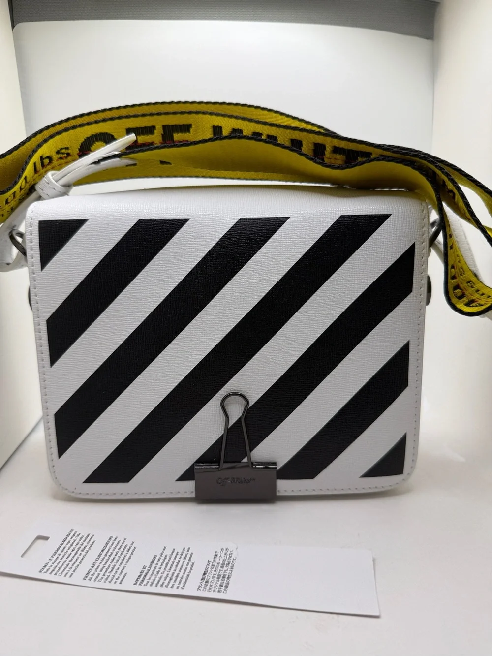 Off-White Inspired White & Black Diagonal Stripe Crossbody Bag with Yellow Strap
